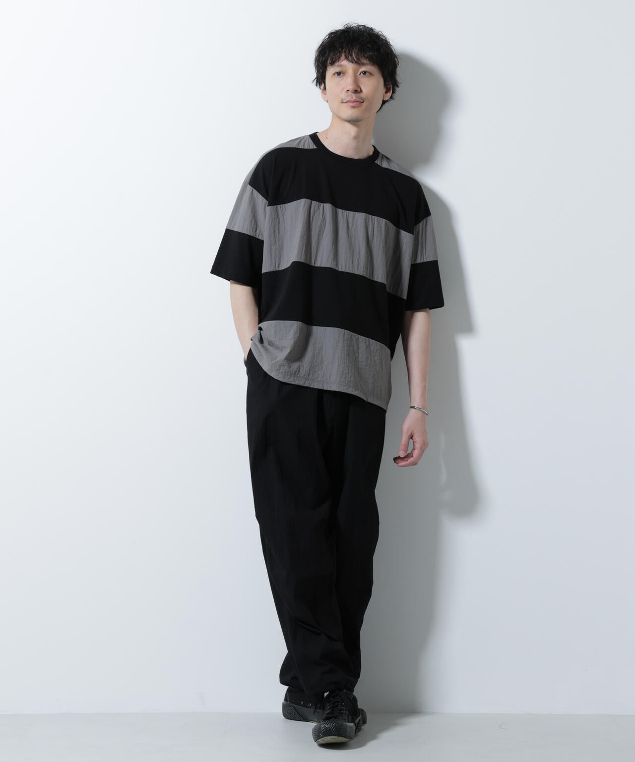 リラックス異素材ボーダーTシャツ 半袖