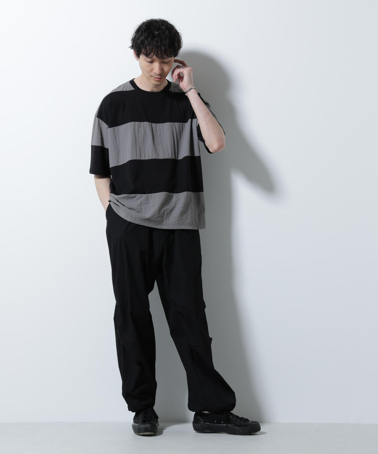 リラックス異素材ボーダーTシャツ 半袖