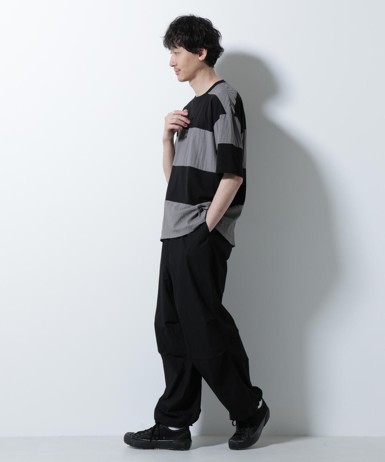 リラックス異素材ボーダーTシャツ 半袖