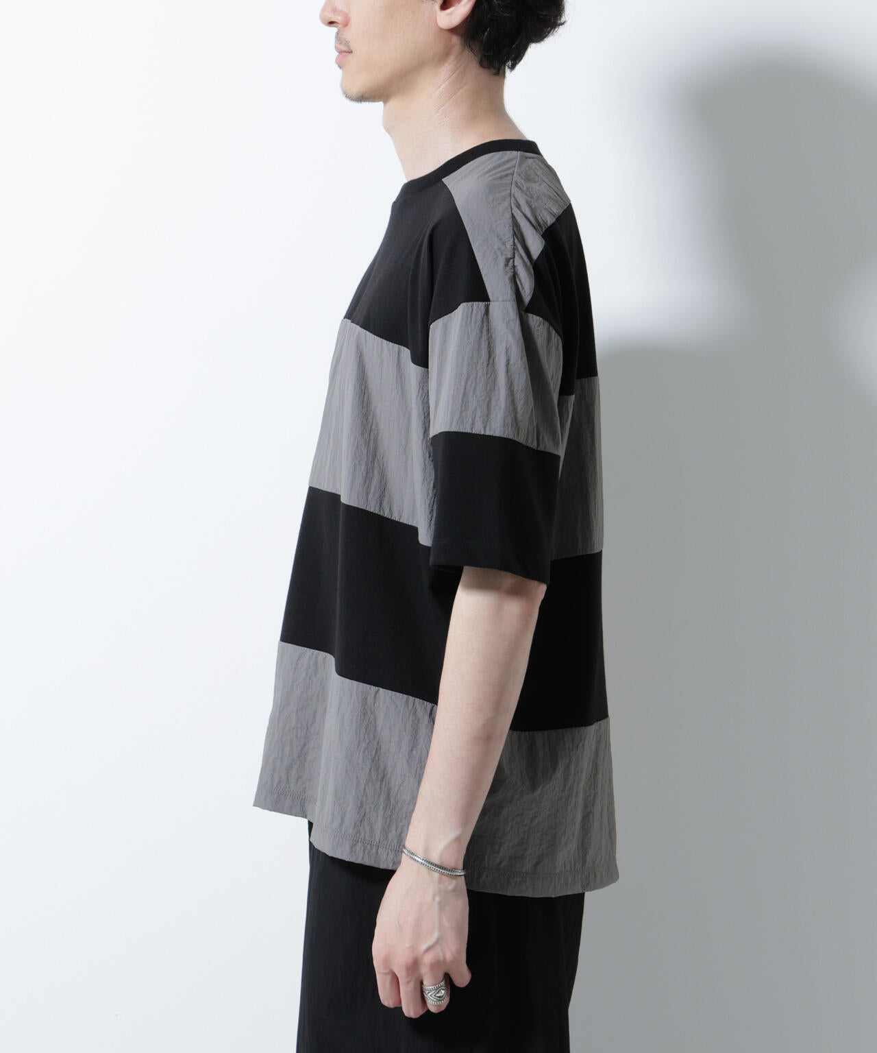 リラックス異素材ボーダーTシャツ 半袖