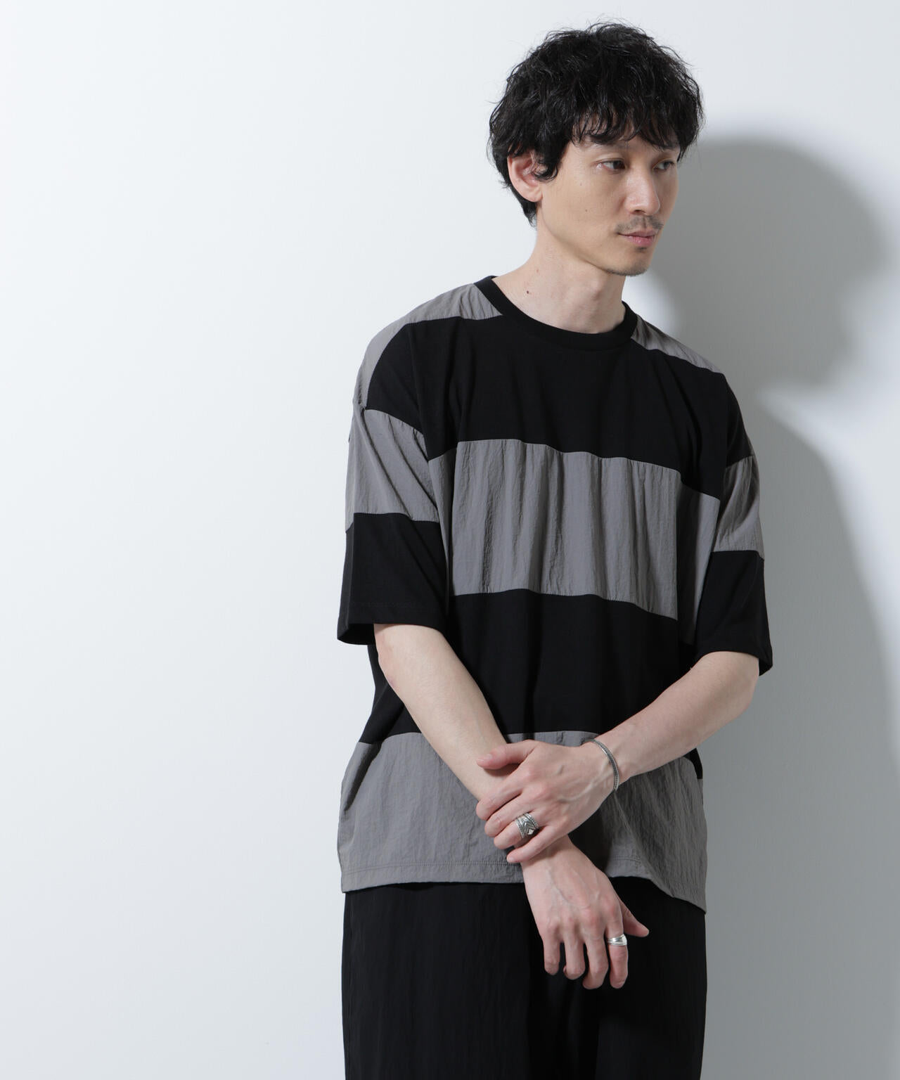 リラックス異素材ボーダーTシャツ 半袖