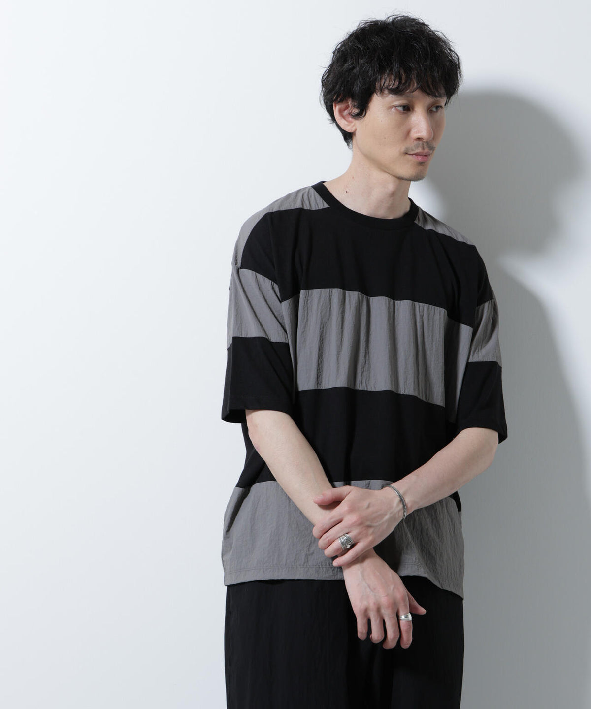 リラックス異素材ボーダーTシャツ 半袖