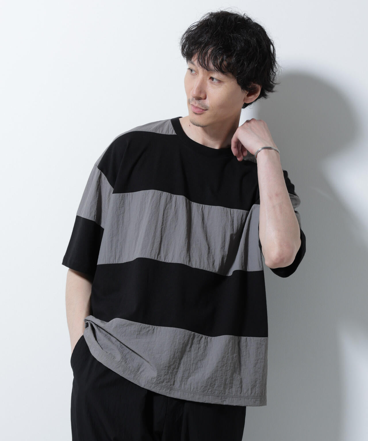 リラックス異素材ボーダーTシャツ 半袖