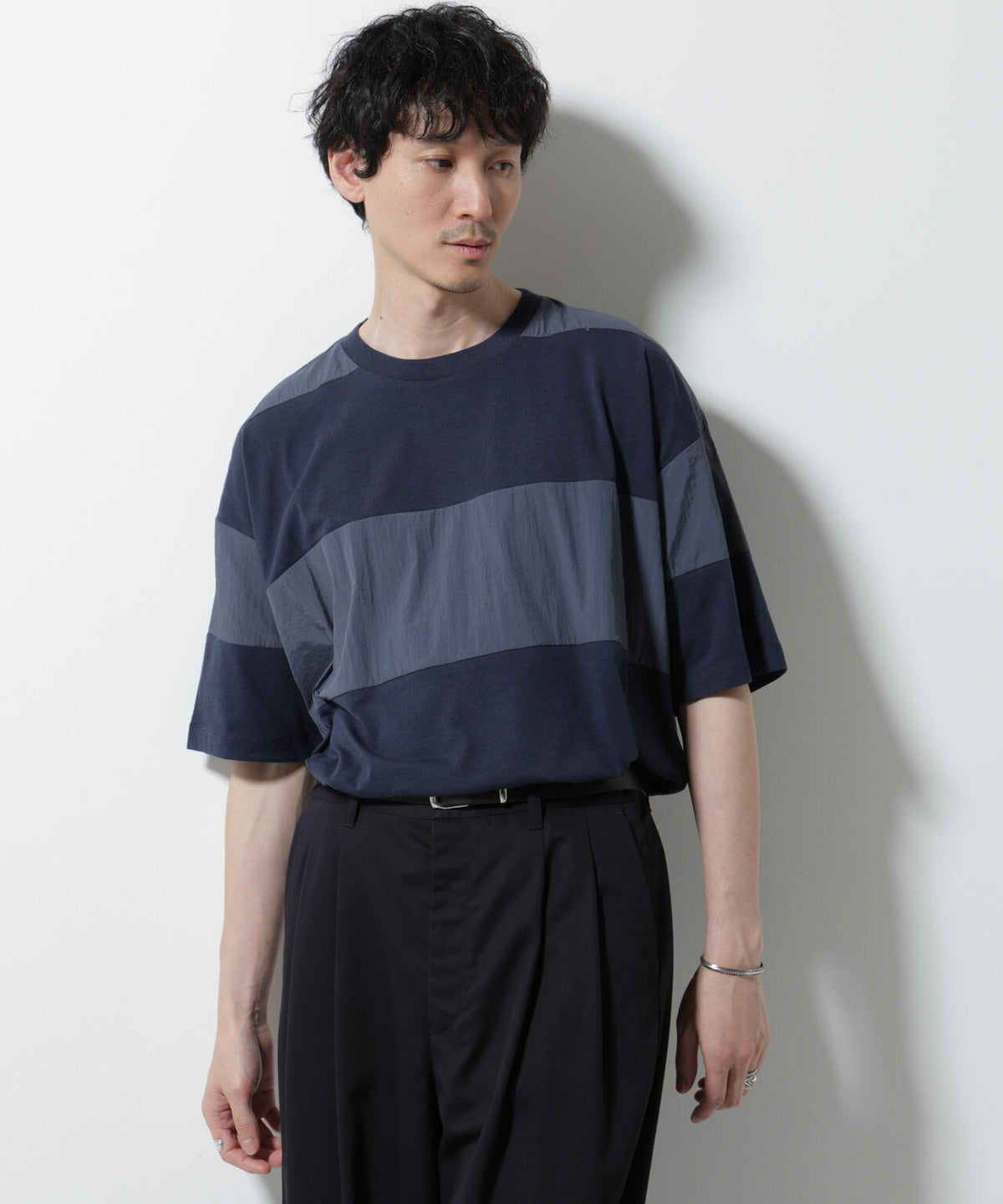 リラックス異素材ボーダーTシャツ 半袖