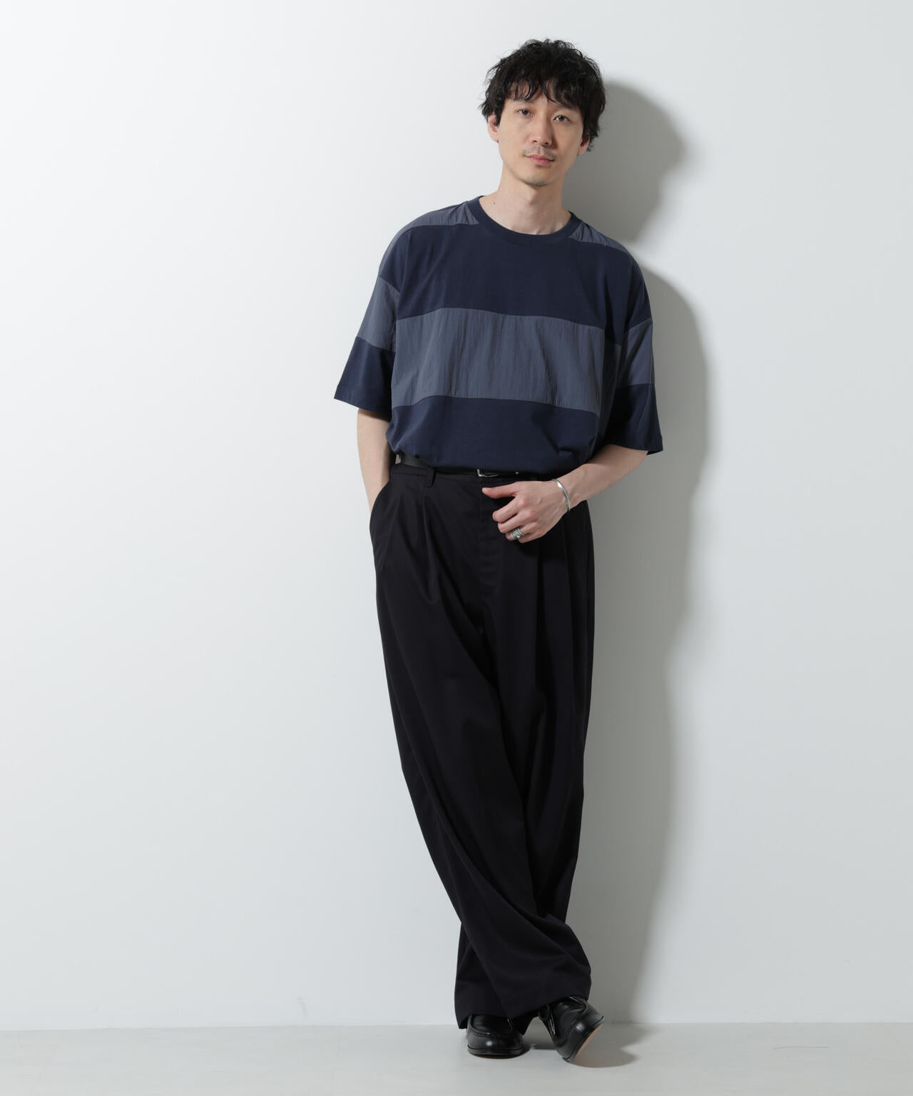 リラックス異素材ボーダーTシャツ 半袖