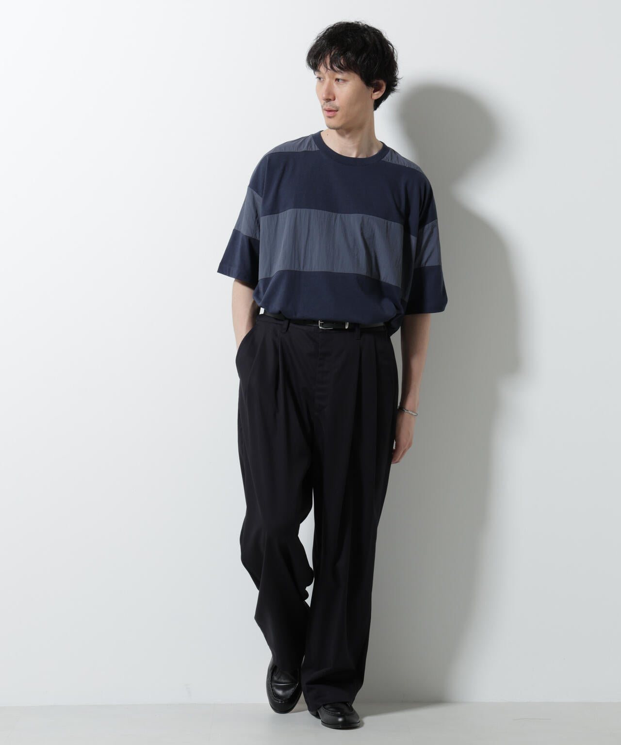 リラックス異素材ボーダーTシャツ 半袖