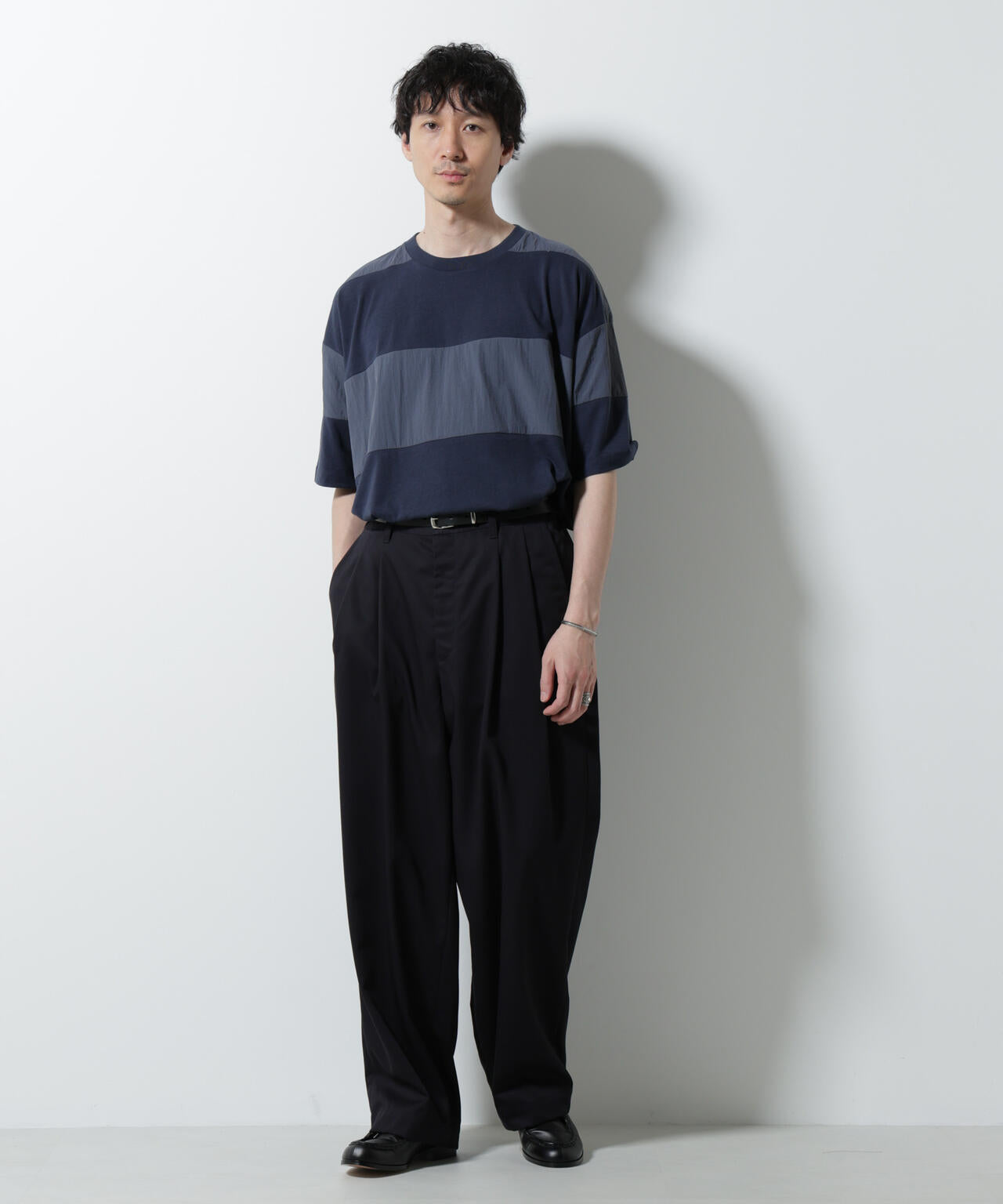 リラックス異素材ボーダーTシャツ 半袖