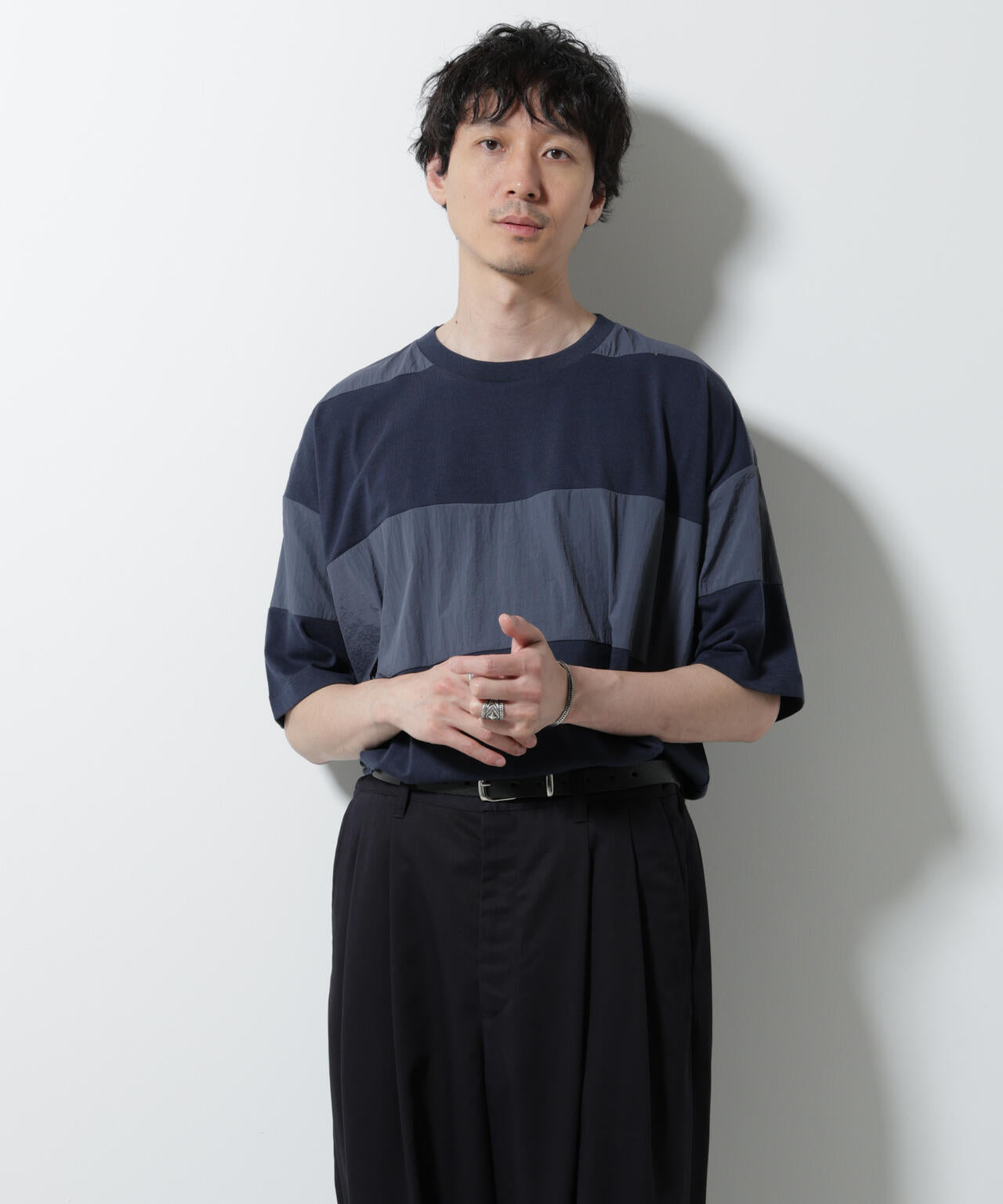 リラックス異素材ボーダーTシャツ 半袖