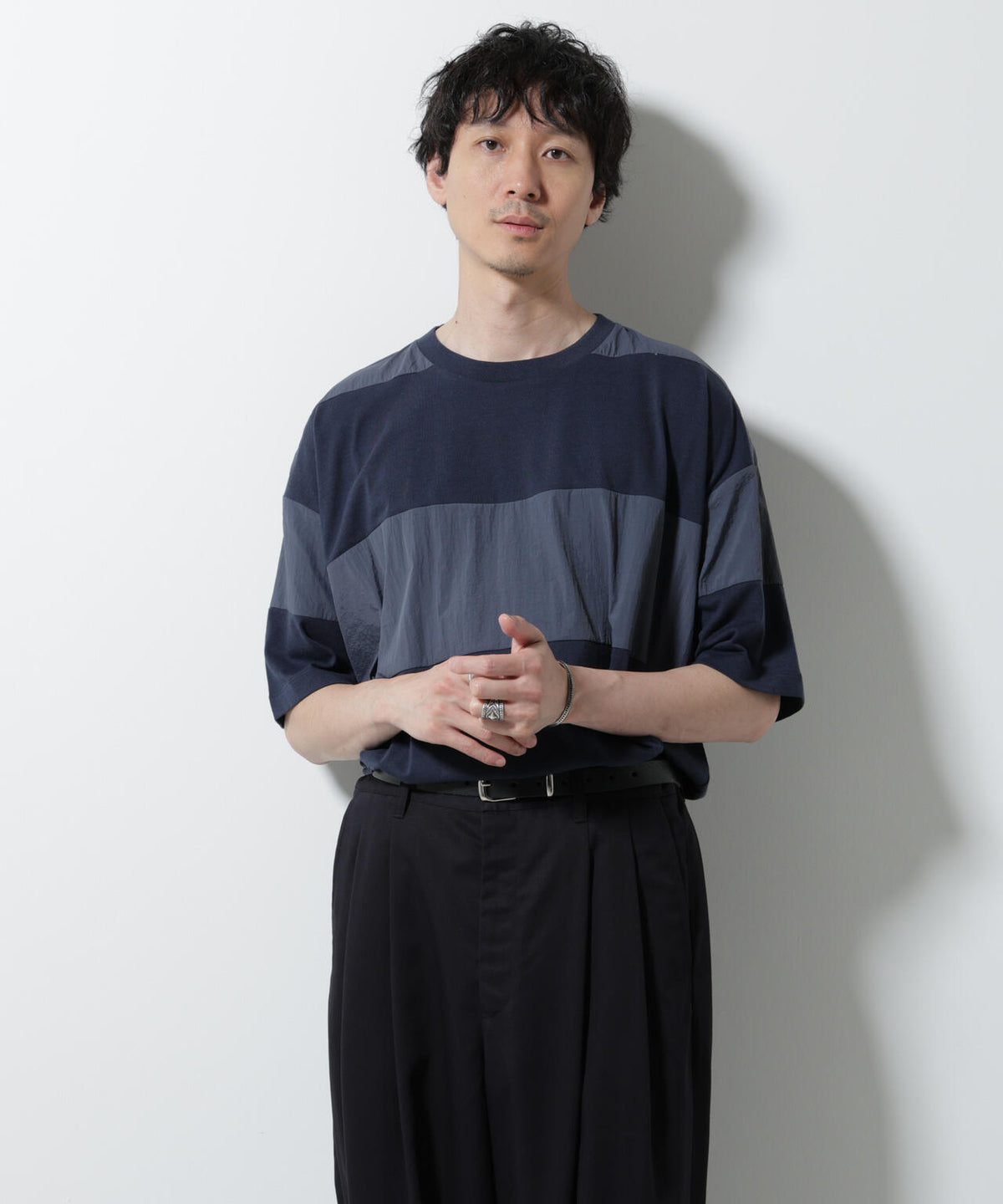 リラックス異素材ボーダーTシャツ 半袖