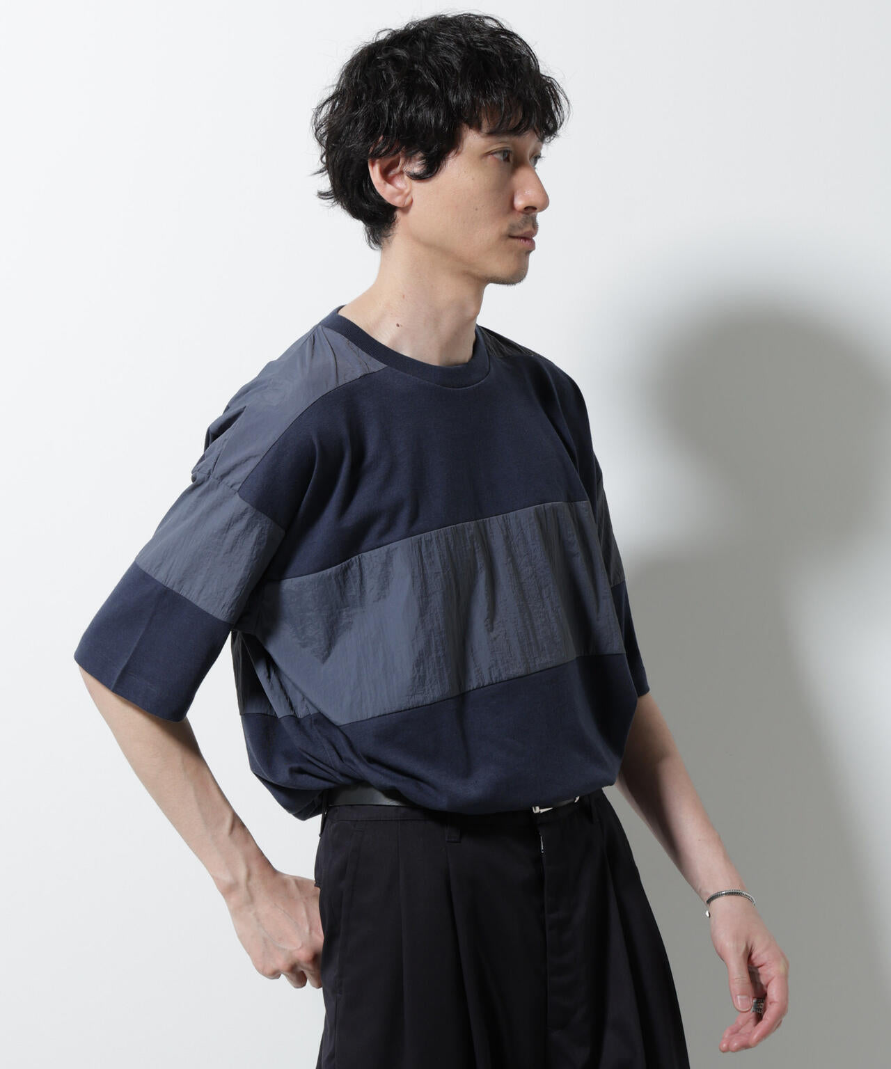 リラックス異素材ボーダーTシャツ 半袖