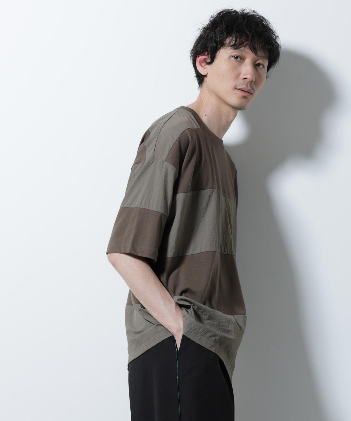 リラックス異素材ボーダーTシャツ 半袖