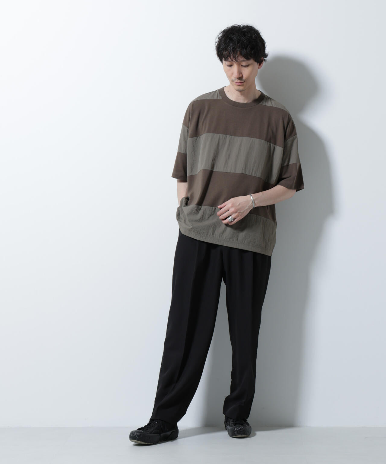 リラックス異素材ボーダーTシャツ 半袖