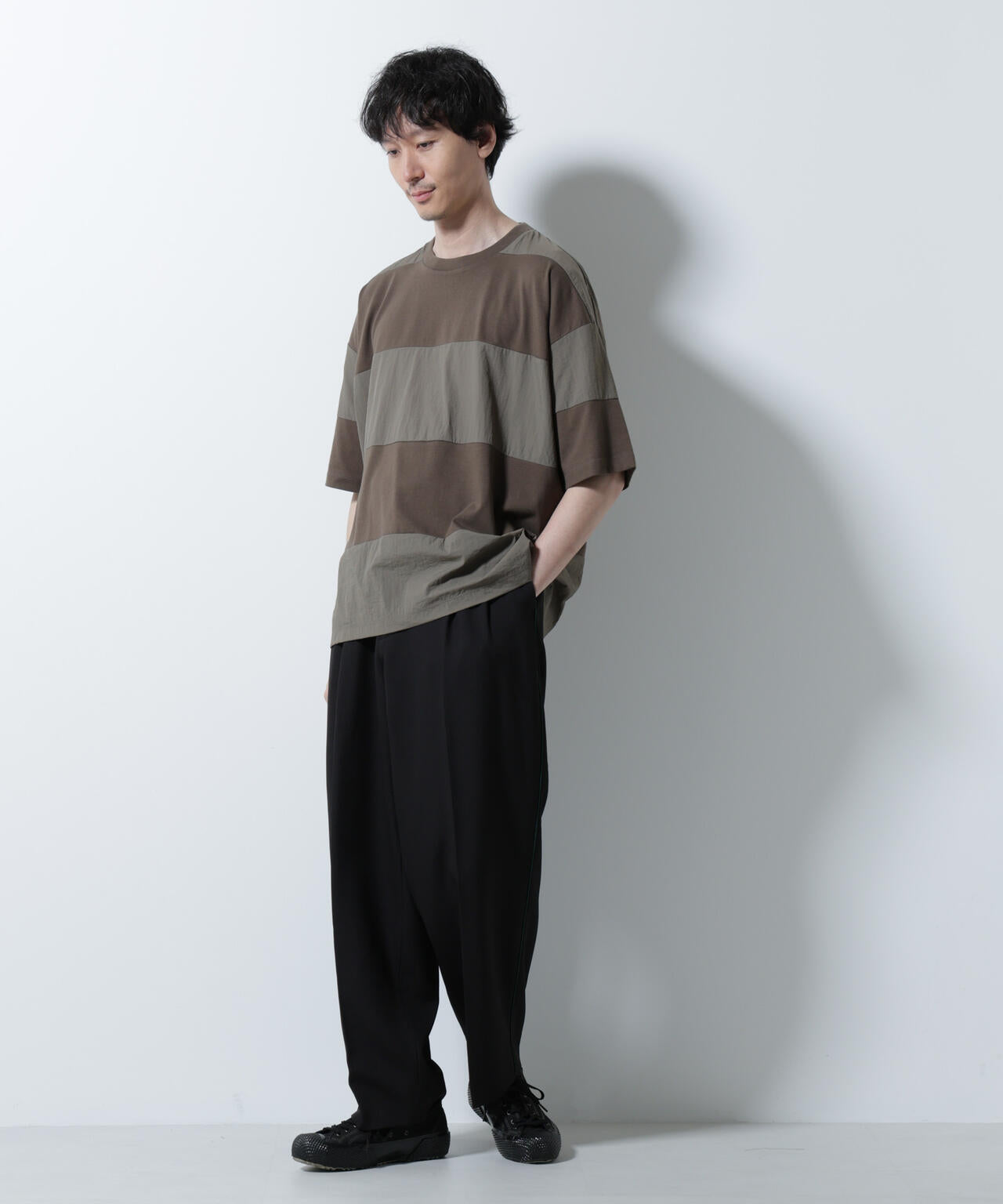 リラックス異素材ボーダーTシャツ 半袖