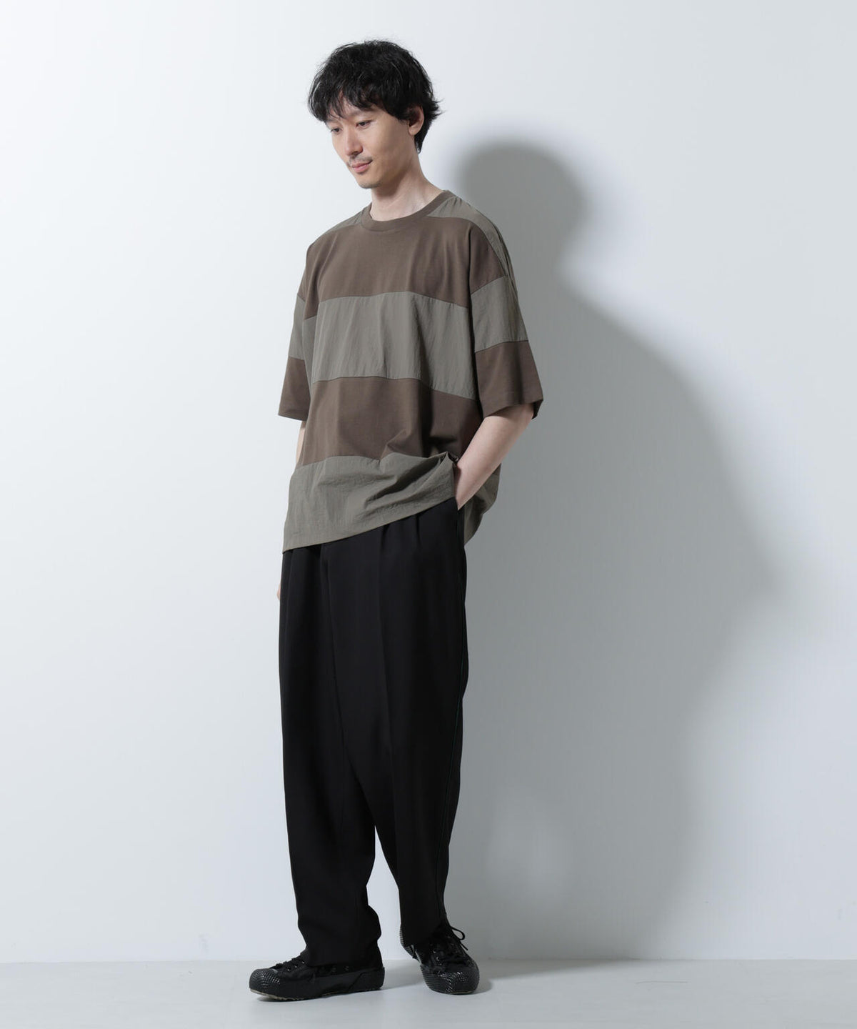 リラックス異素材ボーダーTシャツ 半袖