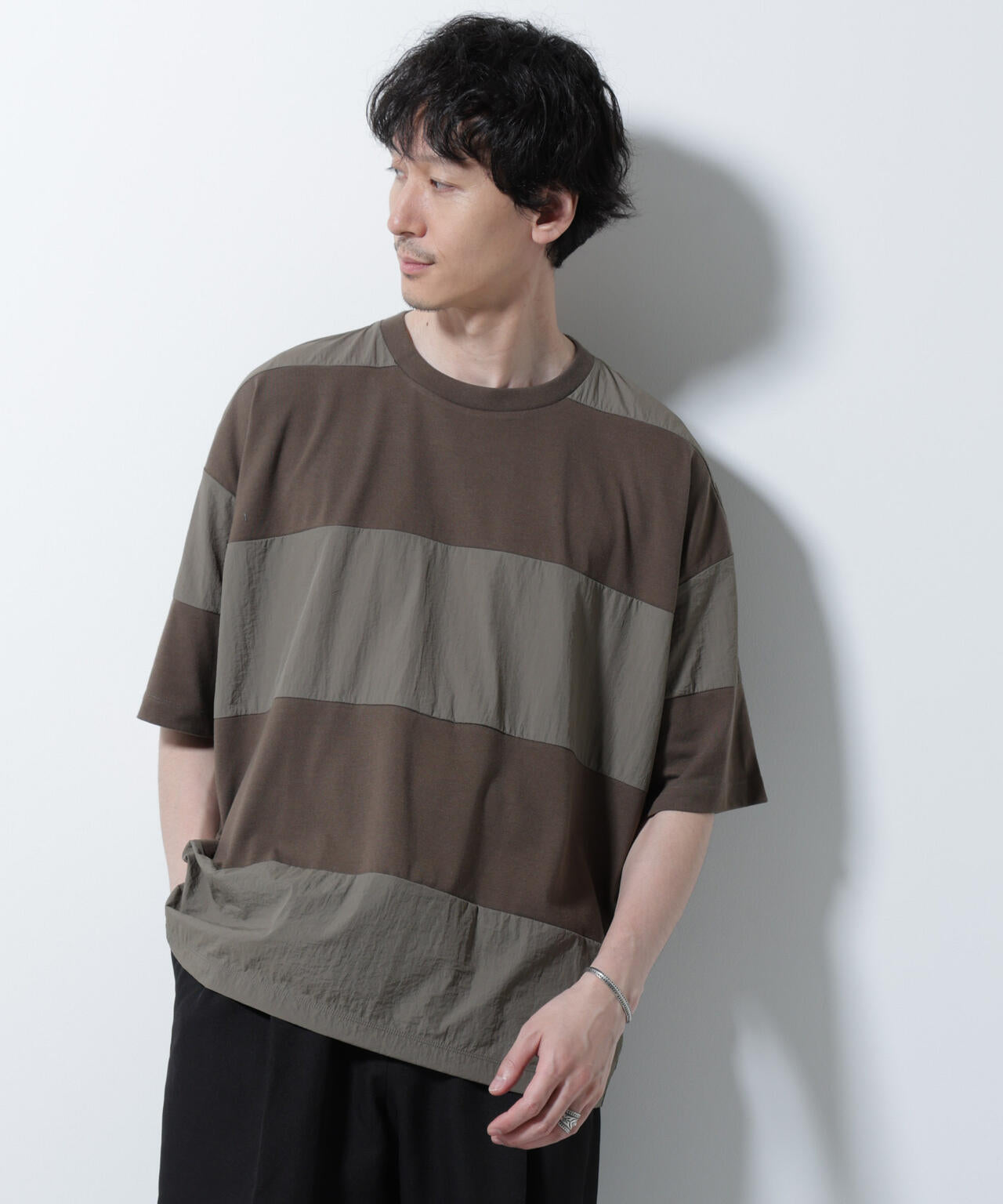 リラックス異素材ボーダーTシャツ 半袖