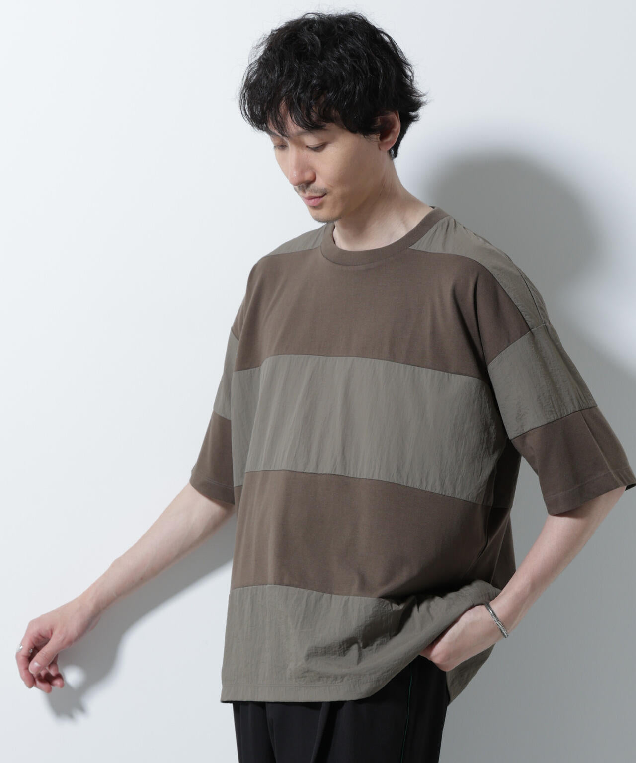 リラックス異素材ボーダーTシャツ 半袖