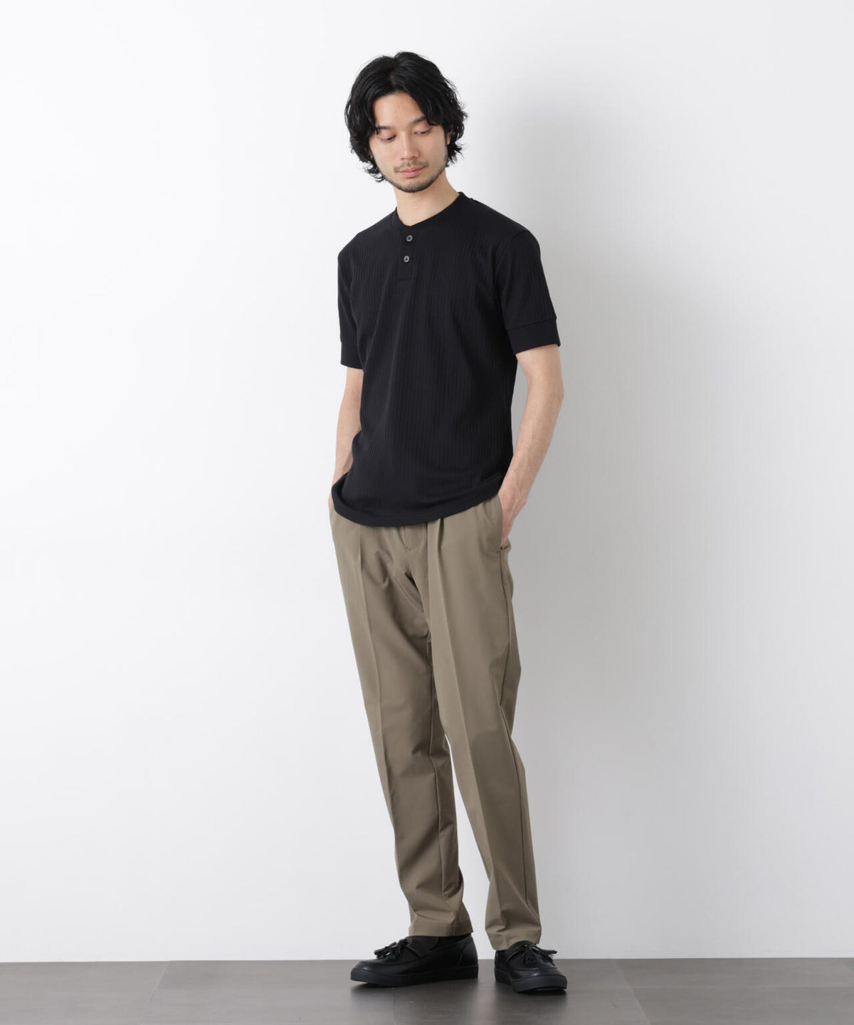 ワイドリブスタンダードヘンリーネックTシャツ 半袖