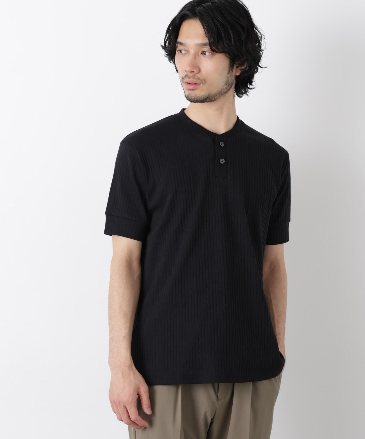 ワイドリブスタンダードヘンリーネックTシャツ 半袖