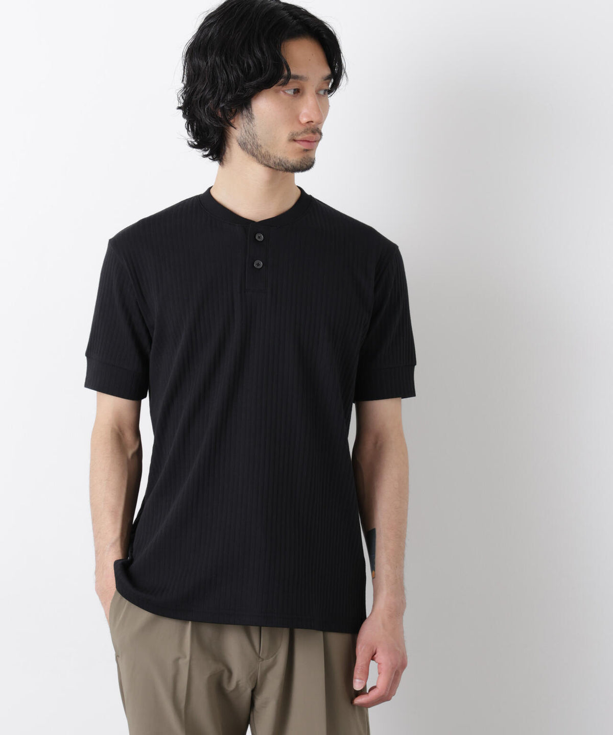 ワイドリブスタンダードヘンリーネックTシャツ 半袖