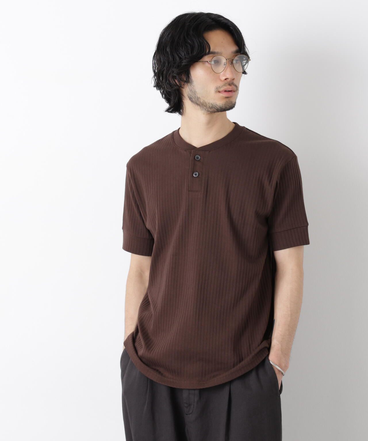ワイドリブスタンダードヘンリーネックTシャツ 半袖