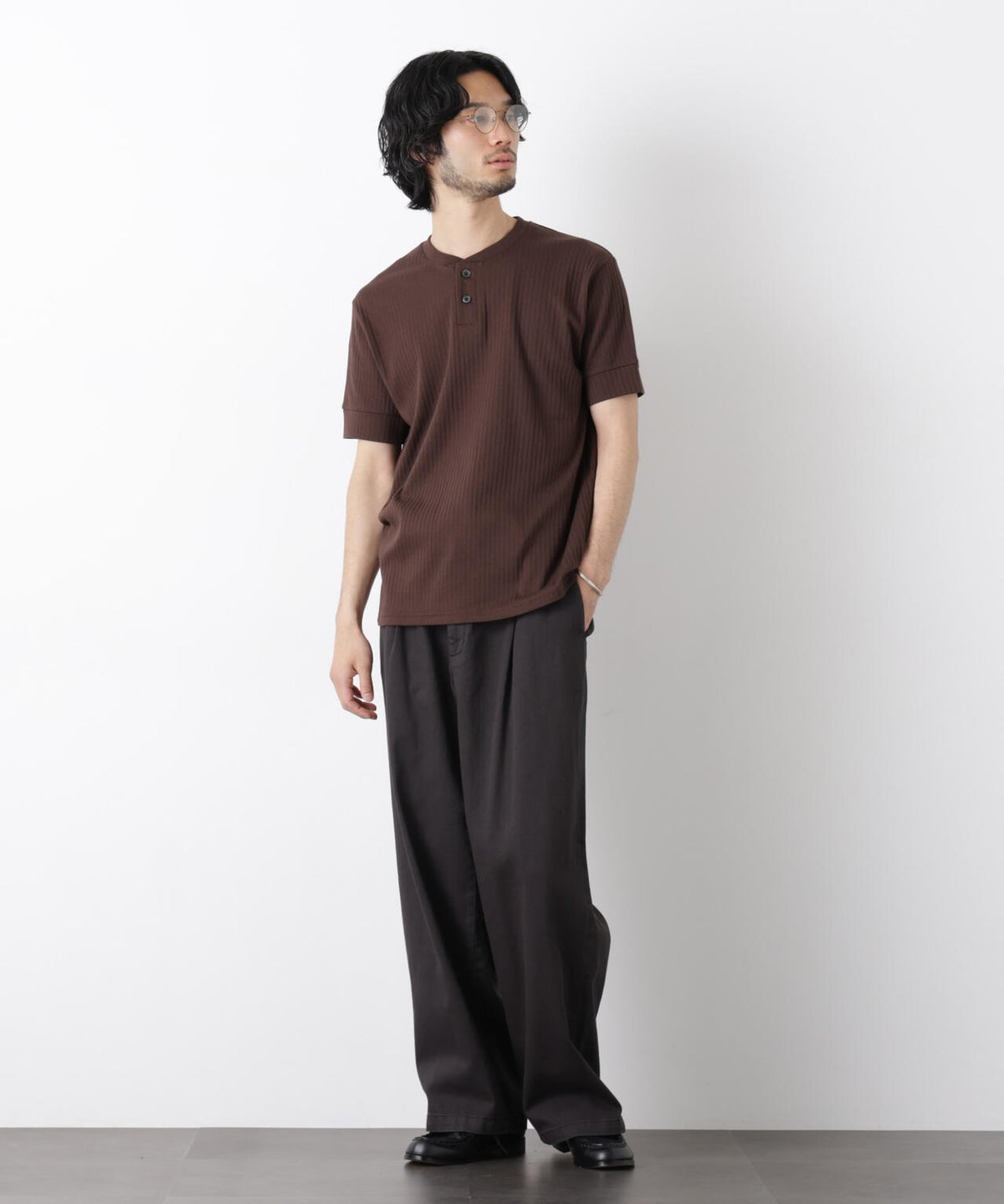 ワイドリブスタンダードヘンリーネックTシャツ 半袖