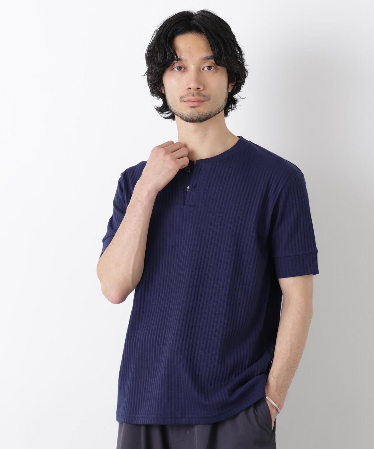 ワイドリブスタンダードヘンリーネックTシャツ 半袖