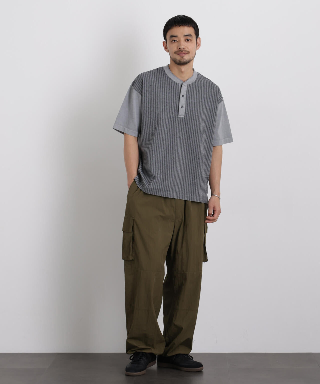 オーバーダイジャガードストライプヘンリーTシャツ 半袖