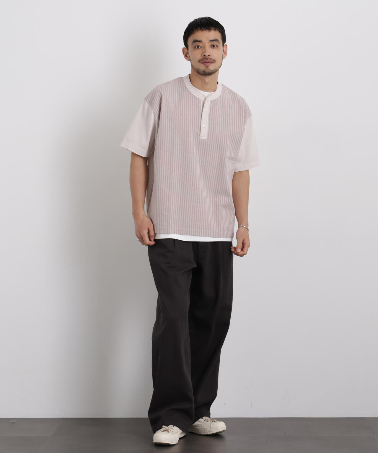 オーバーダイジャガードストライプヘンリーTシャツ 半袖