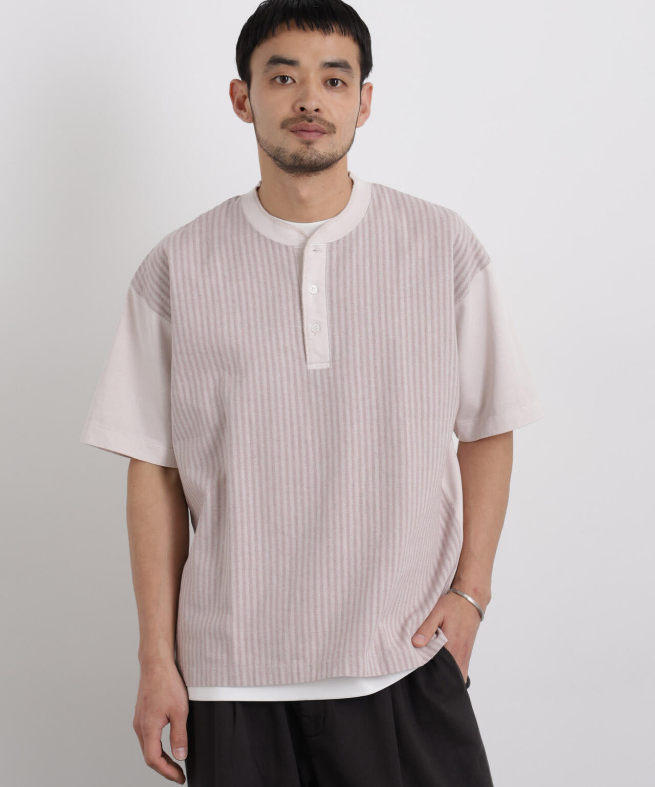 オーバーダイジャガードストライプヘンリーTシャツ 半袖