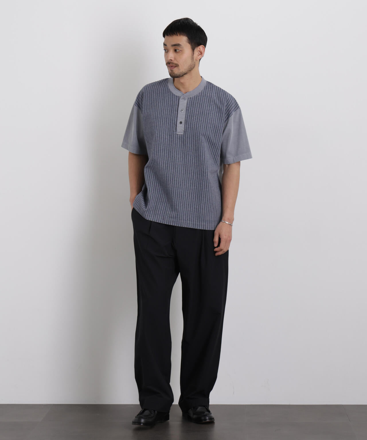 オーバーダイジャガードストライプヘンリーTシャツ 半袖