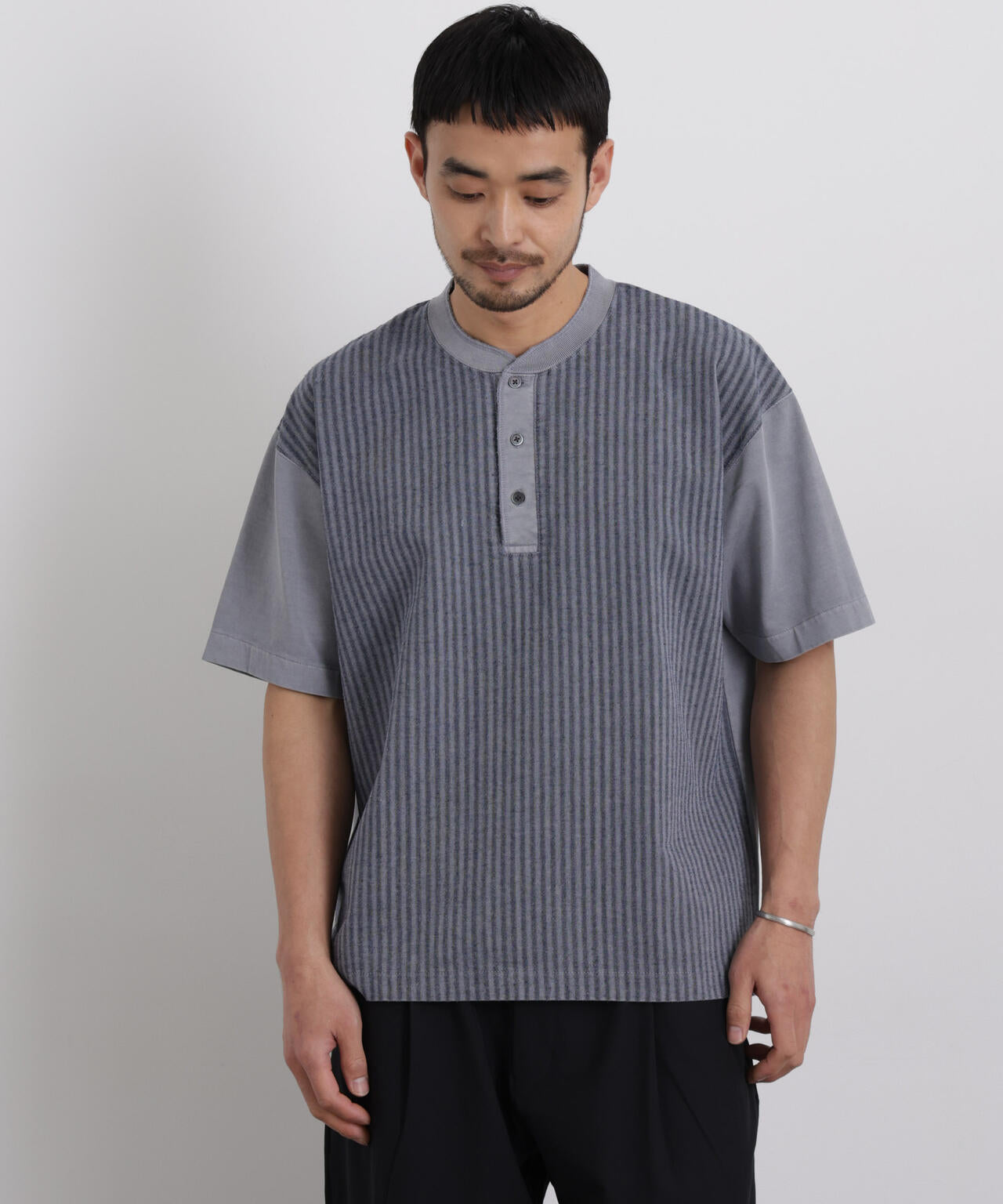 オーバーダイジャガードストライプヘンリーTシャツ 半袖