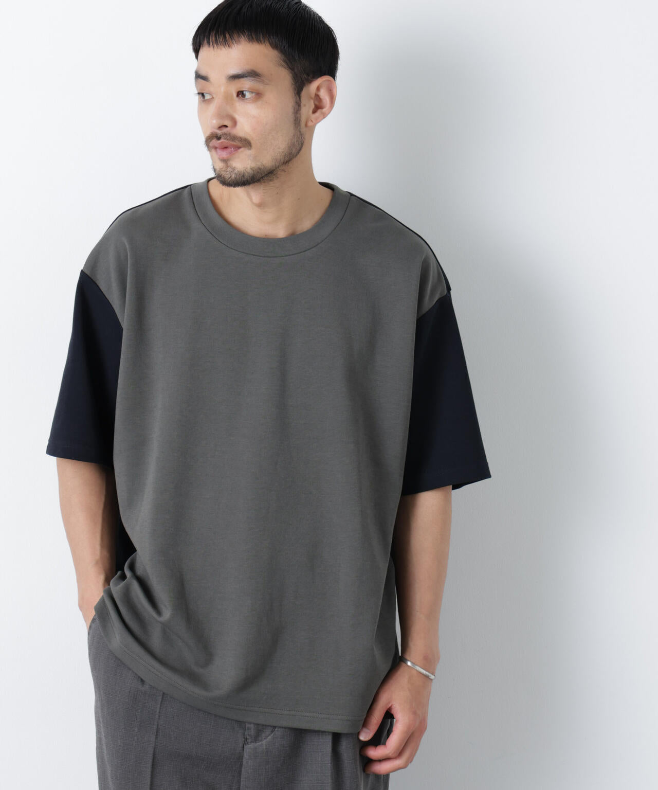2トーンシルケット切り替えTシャツ 半袖