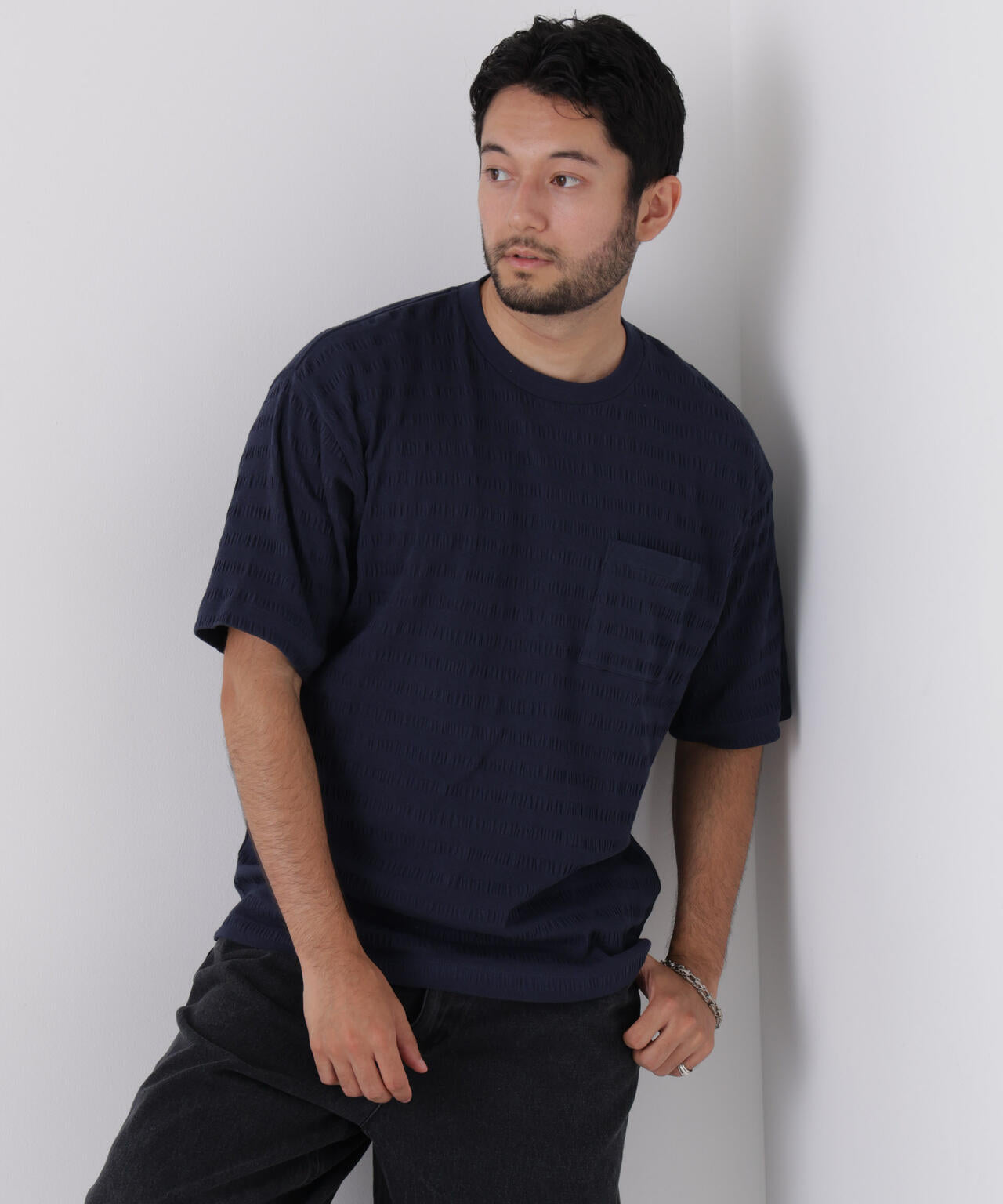 リブボーダーポケットTシャツ 半袖