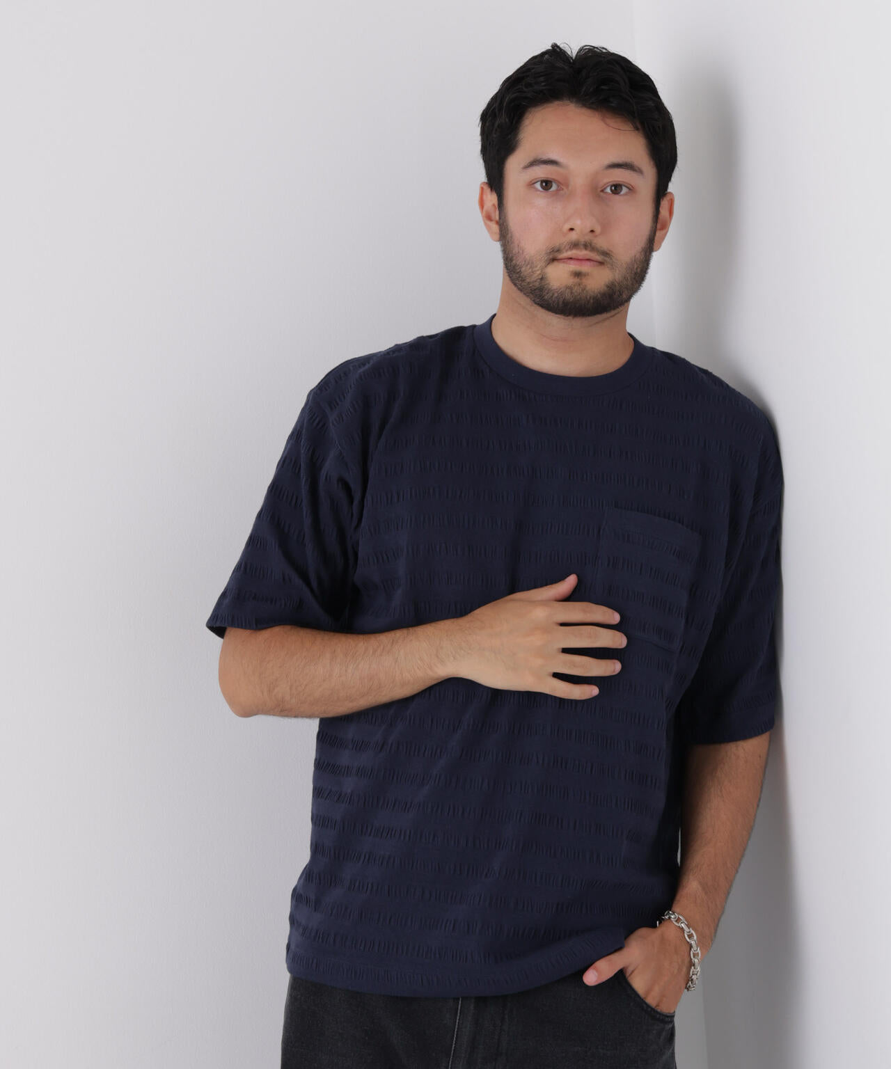 リブボーダーポケットTシャツ 半袖