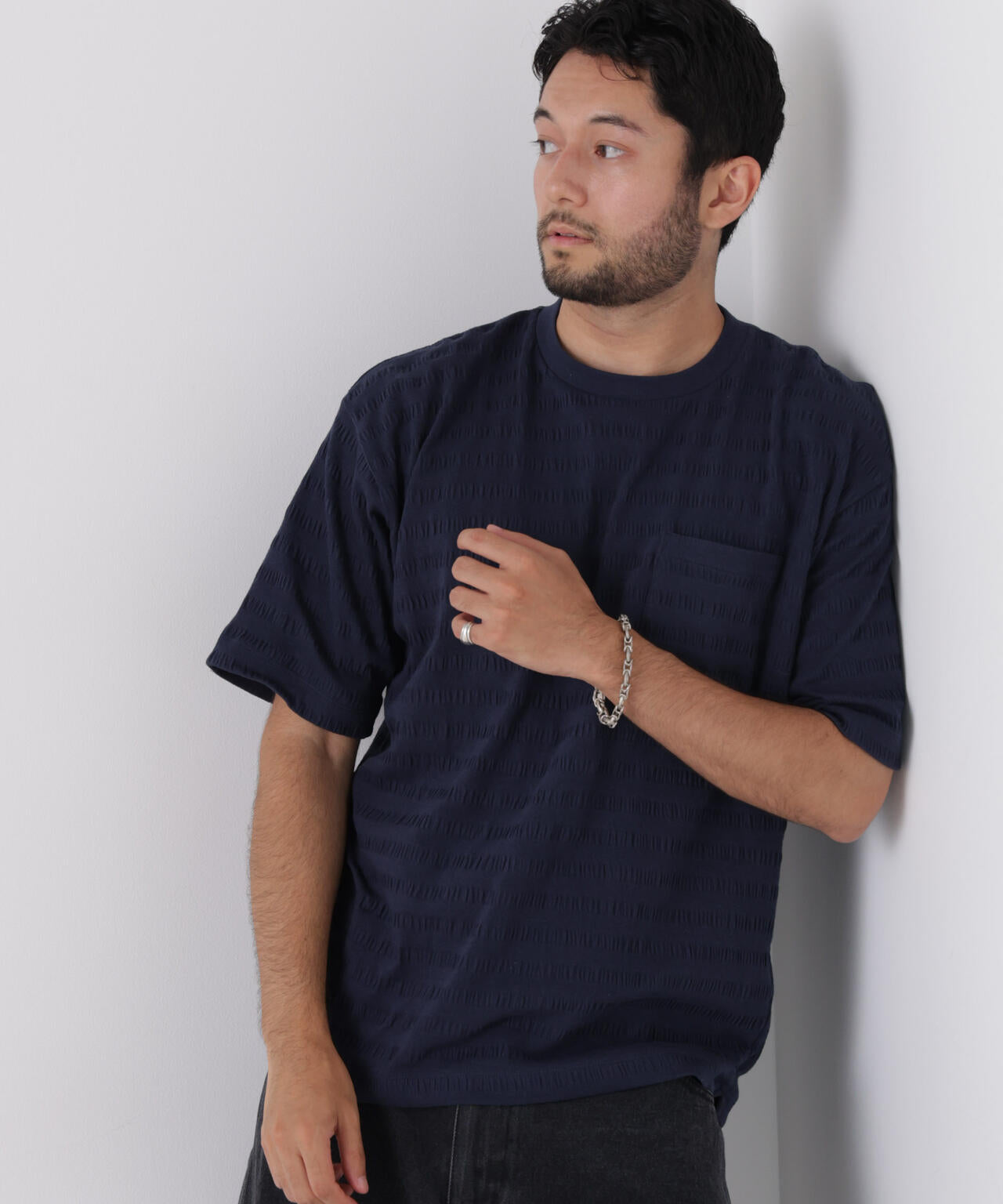 リブボーダーポケットTシャツ 半袖