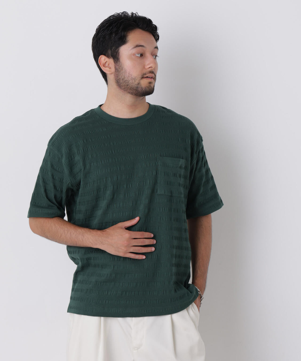 リブボーダーポケットTシャツ 半袖