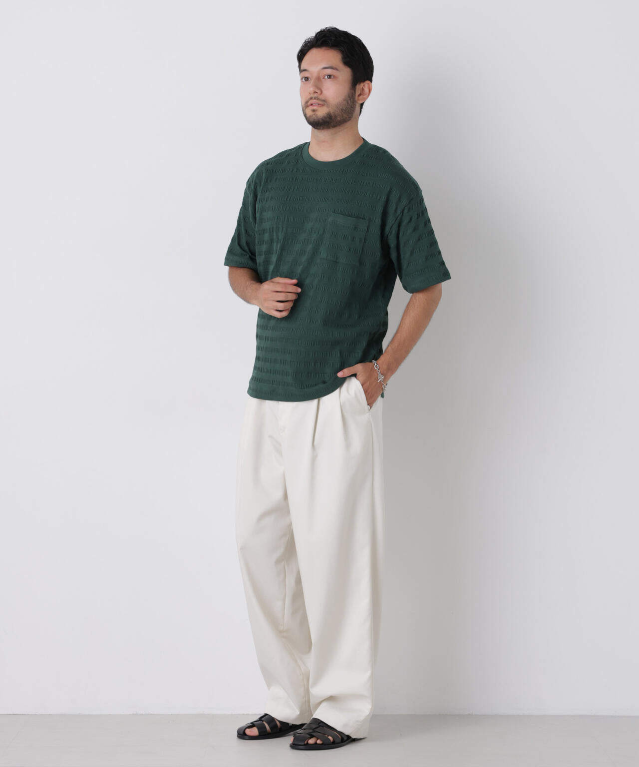 リブボーダーポケットTシャツ 半袖