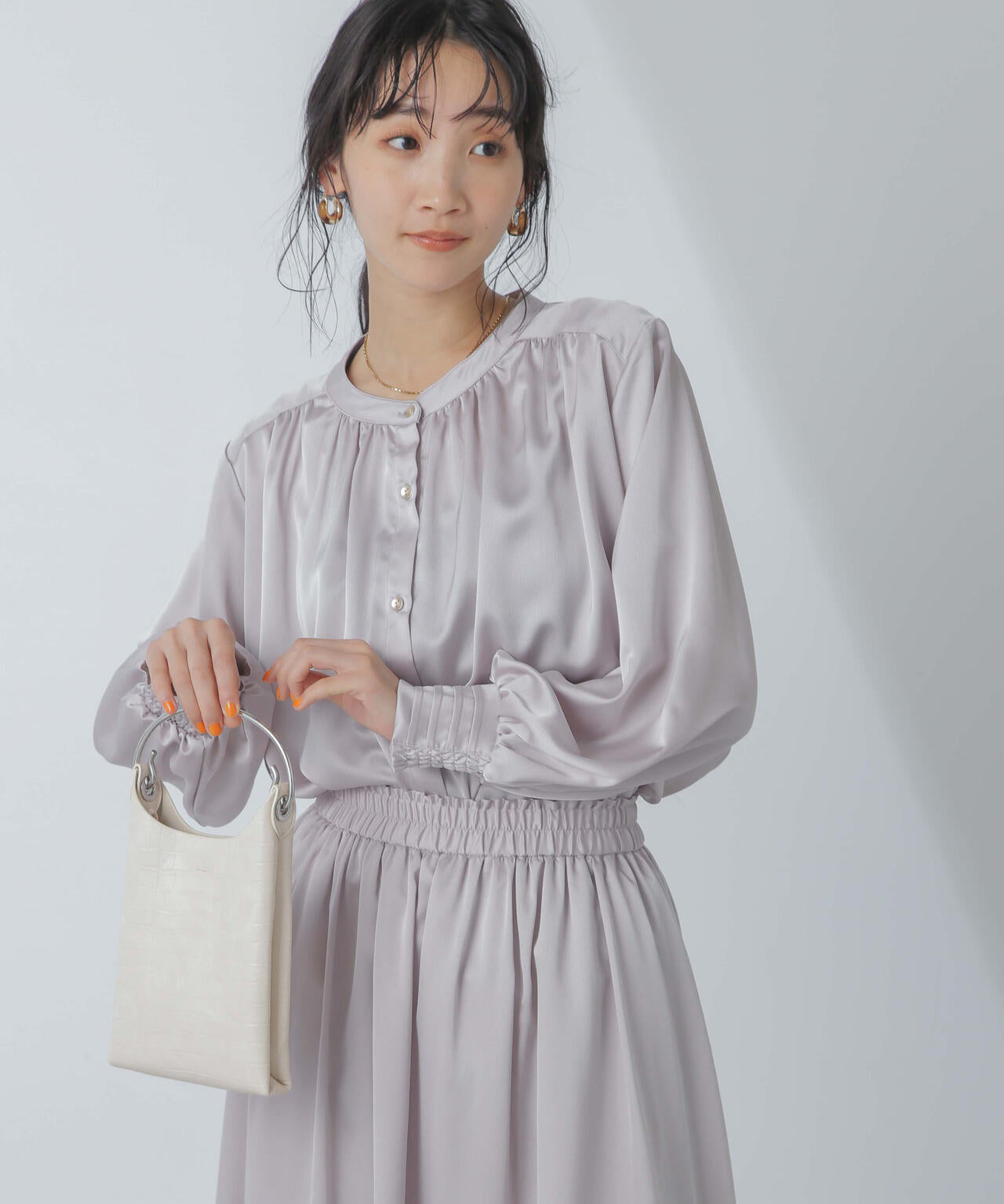 前後2wayサテンギャザーブラウス(セットアップ可)