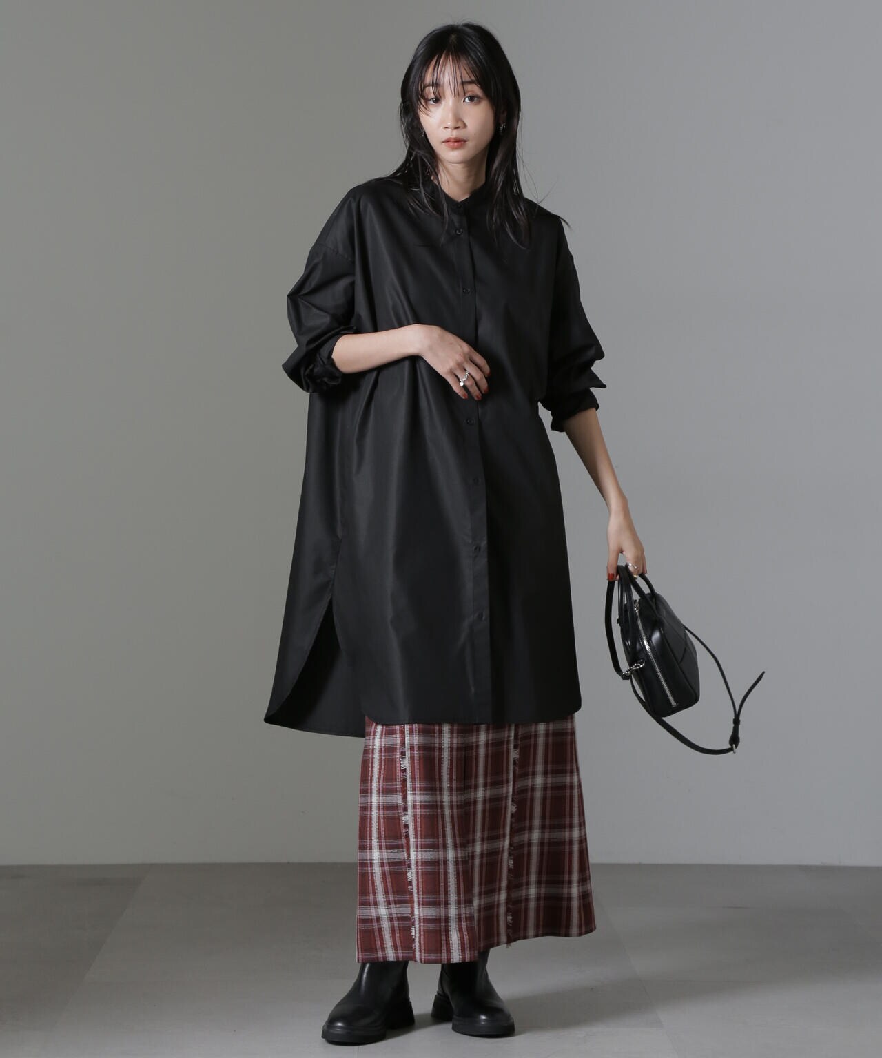 バンドカラーミディシャツワンピース