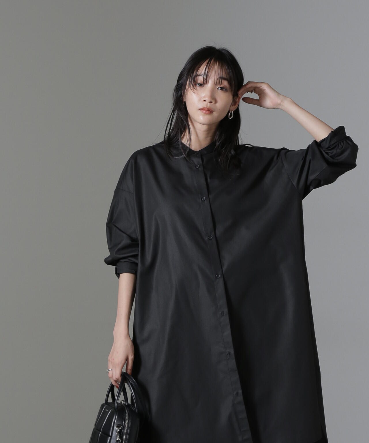 バンドカラーミディシャツワンピース