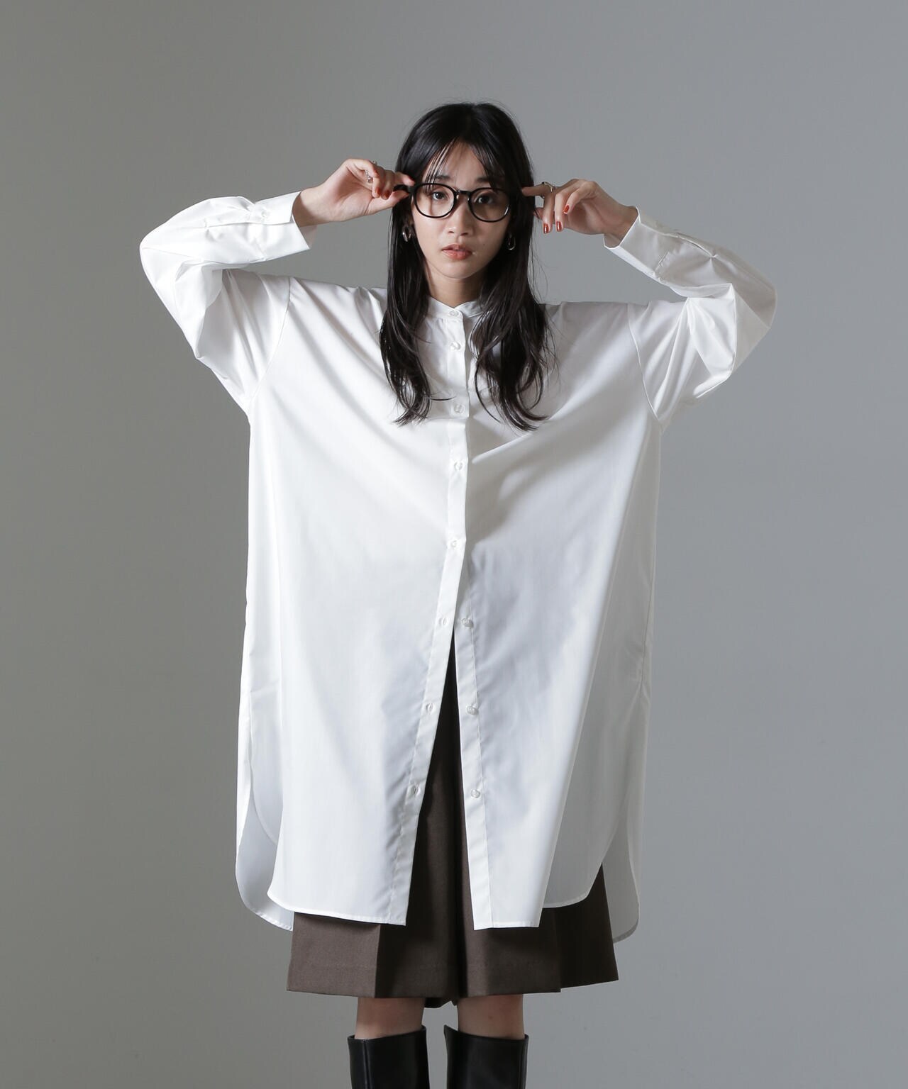 バンドカラーミディシャツワンピース