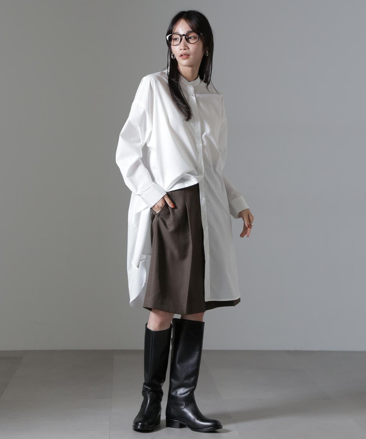 バンドカラーミディシャツワンピース