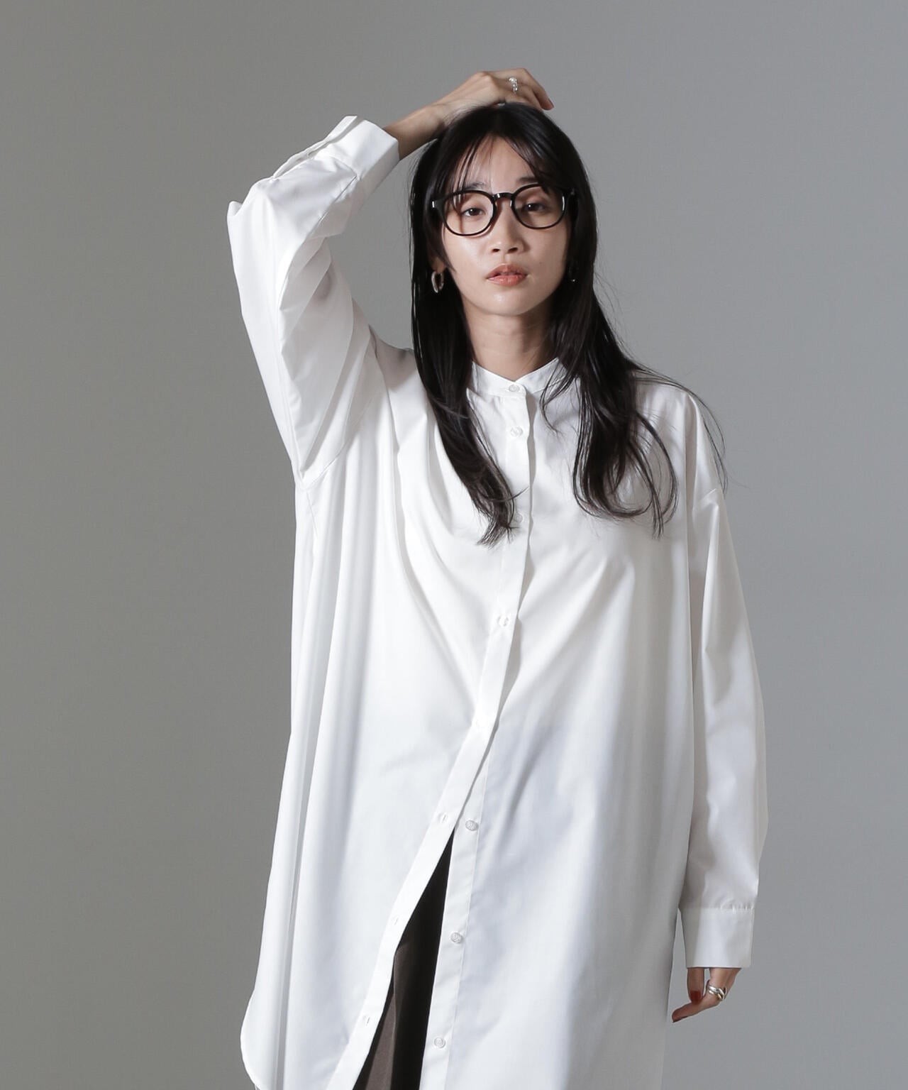 バンドカラーミディシャツワンピース