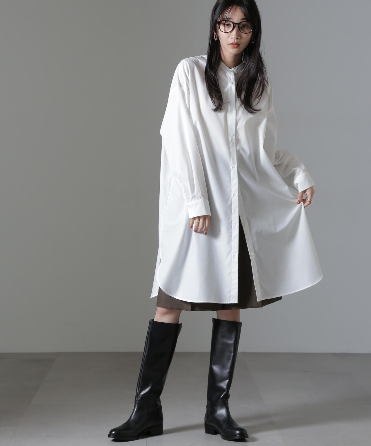 バンドカラーミディシャツワンピース