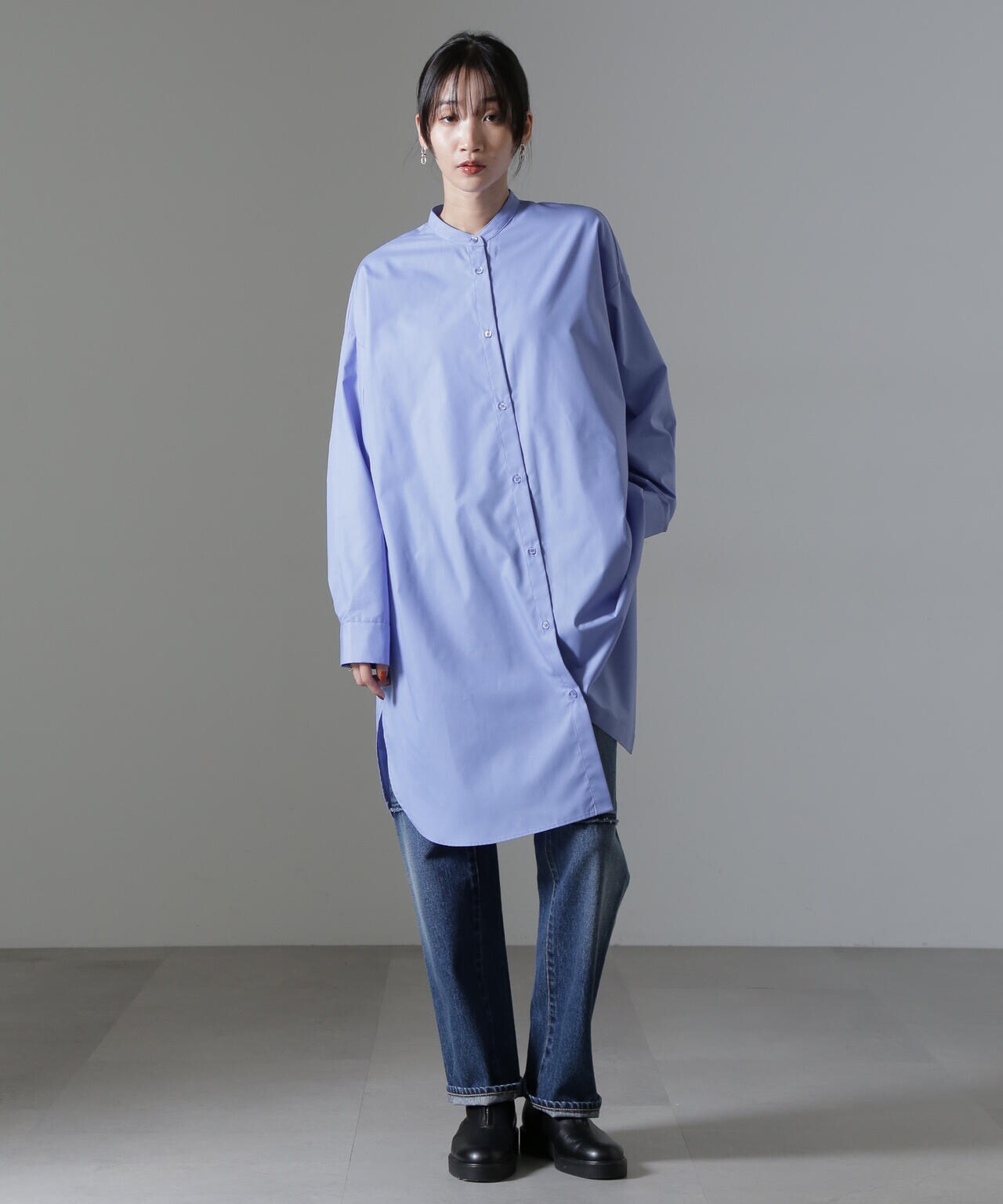 バンドカラーミディシャツワンピース