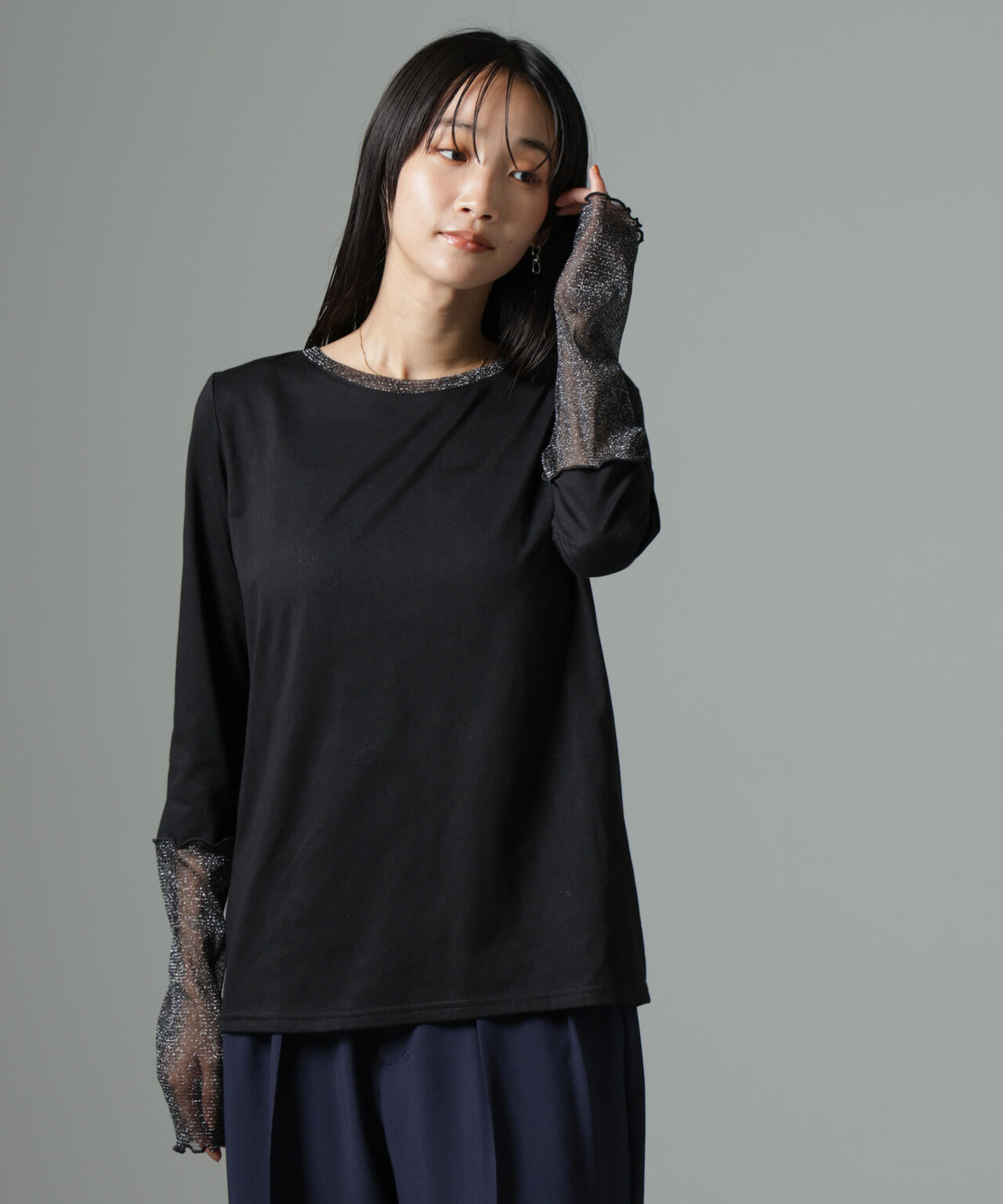 シアーラメ切り替えロングTシャツ