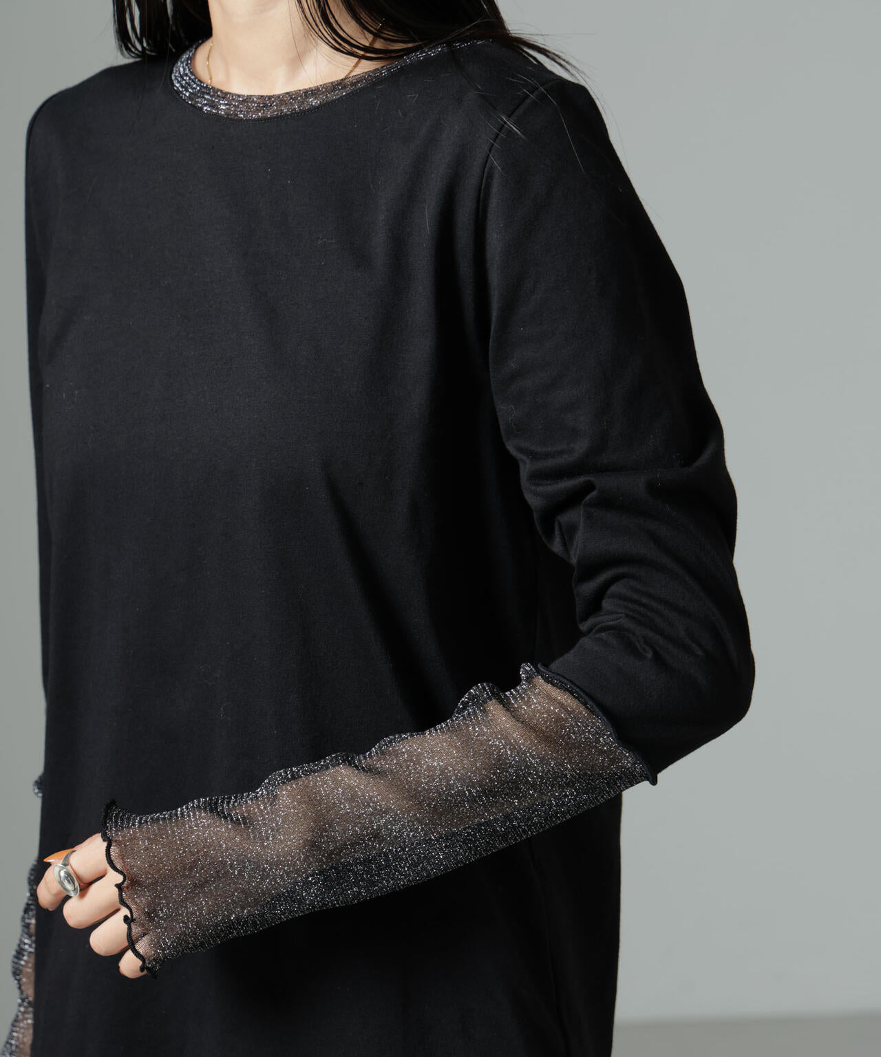 シアーラメ切り替えロングTシャツ