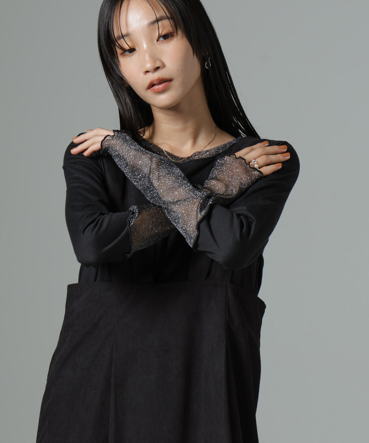 シアーラメ切り替えロングTシャツ