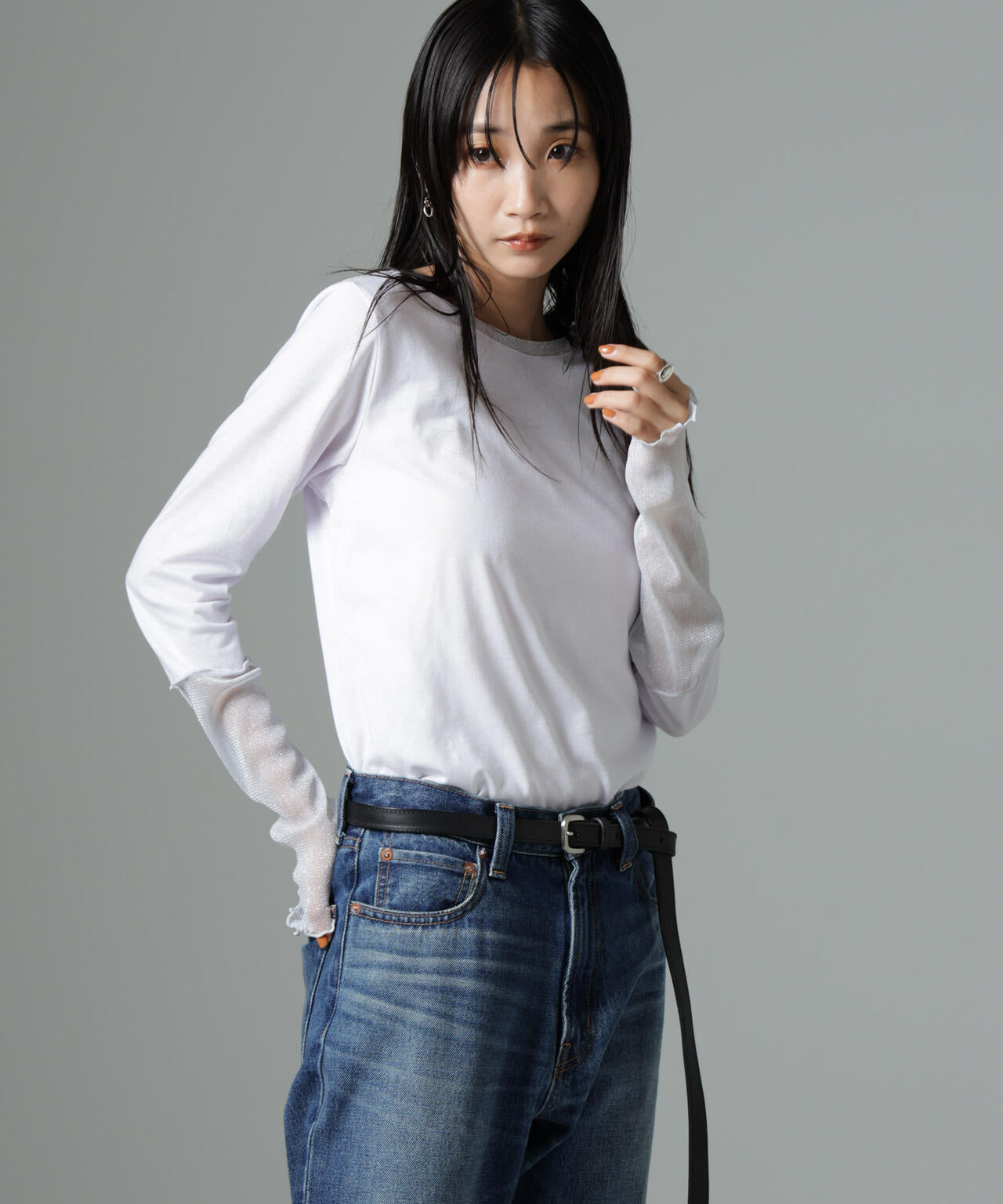 シアーラメ切り替えロングTシャツ