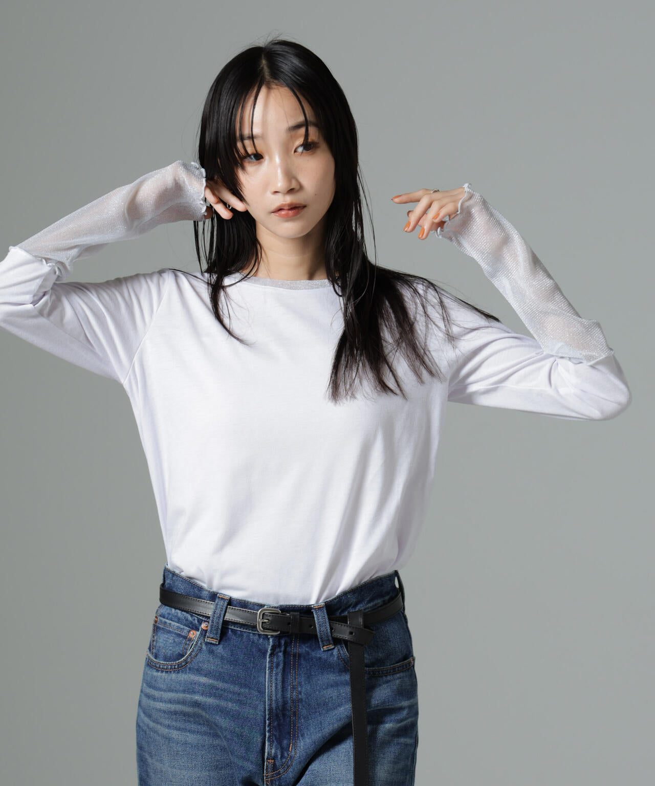 シアーラメ切り替えロングTシャツ